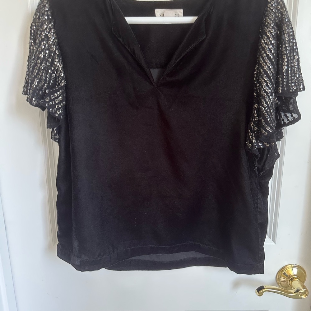 Velvet by Graham & Spencer Black Top with Silver Sequin Sleeves